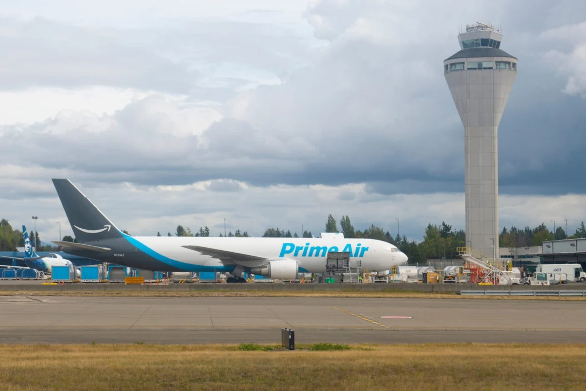 An Amazon Prime Air Boeing 767 300 freighter registration N359AZ at Seattle Tacoma International Airport