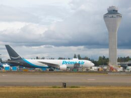 An Amazon Prime Air Boeing 767 300 freighter registration N359AZ at Seattle Tacoma International Airport