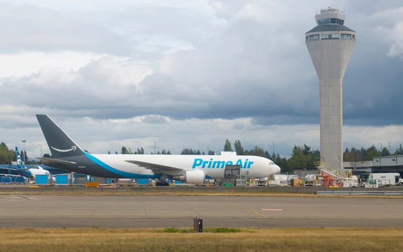 An Amazon Prime Air Boeing 767 300 freighter registration N359AZ at Seattle Tacoma International Airport