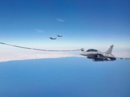 An Egyptian Air Force Dassault Rafale approaches the refueling drogue of a PLAAF YY 20 tanker during the Eagles of Civilization 2026 exercise