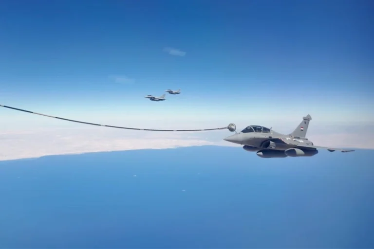 An Egyptian Air Force Dassault Rafale approaches the refueling drogue of a PLAAF YY 20 tanker during the Eagles of Civilization 2026 exercise