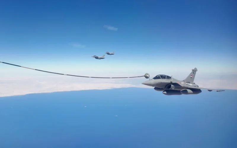 An Egyptian Air Force Dassault Rafale approaches the refueling drogue of a PLAAF YY 20 tanker during the Eagles of Civilization 2026 exercise
