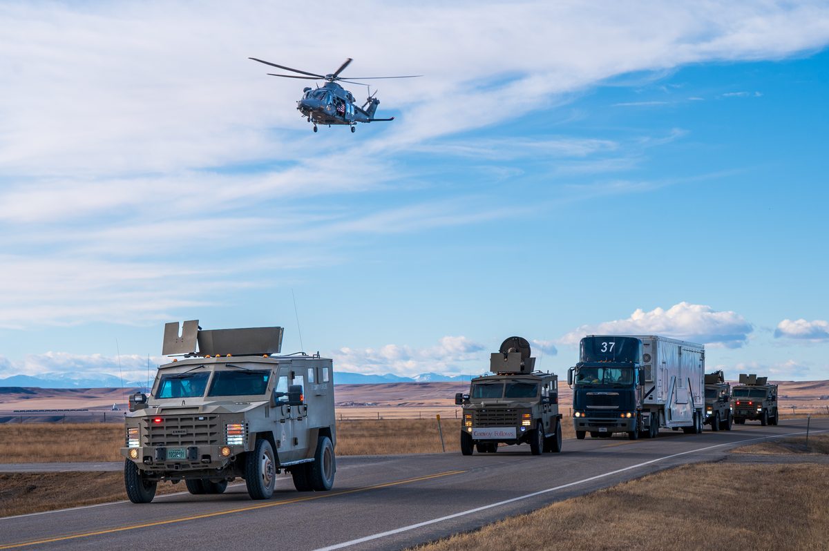 An MH 139A Grey Wolf escorts a 341st Missile Security Operations Squadron convoy at Malmstrom Air Force Base Montana