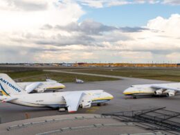 Antonov Airlines An 124 heavy lift cargo aircraft parked at LeipzigHalle Airport Germany the operating base for NATOs Strategic Airlift International Solution SALIS