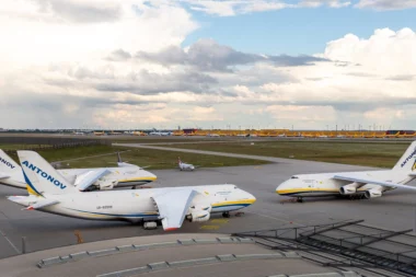 Antonov Airlines An 124 heavy lift cargo aircraft parked at LeipzigHalle Airport Germany the operating base for NATOs Strategic Airlift International Solution SALIS