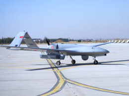 Bayraktar TB2 equipped with ASELSAN electronic warfare pods during trials in Turkey