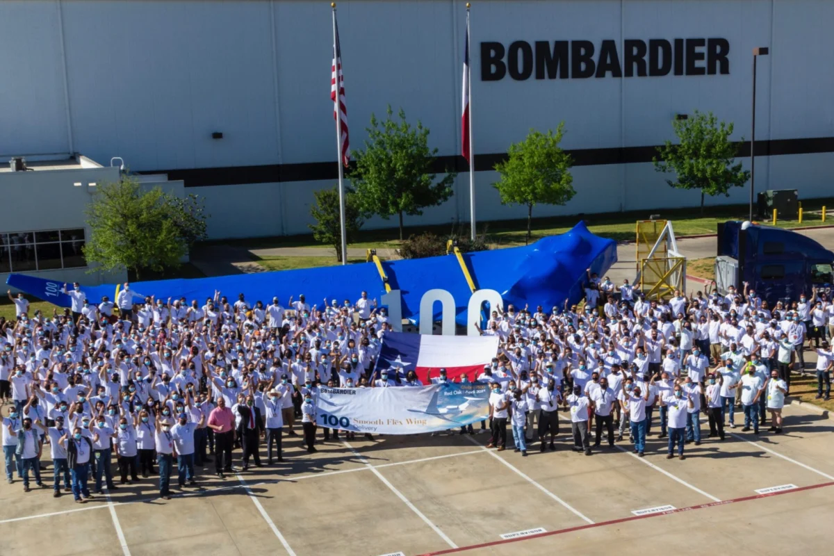 Bombardier employees celebrate the completion of the 100th Global 7500 wing at the companys Red Oak Texas facility in 2021 Bombardier employees celebrate the completion of the 100th Global 7500 wing at the companys Red Oak Texas facility in 2021
