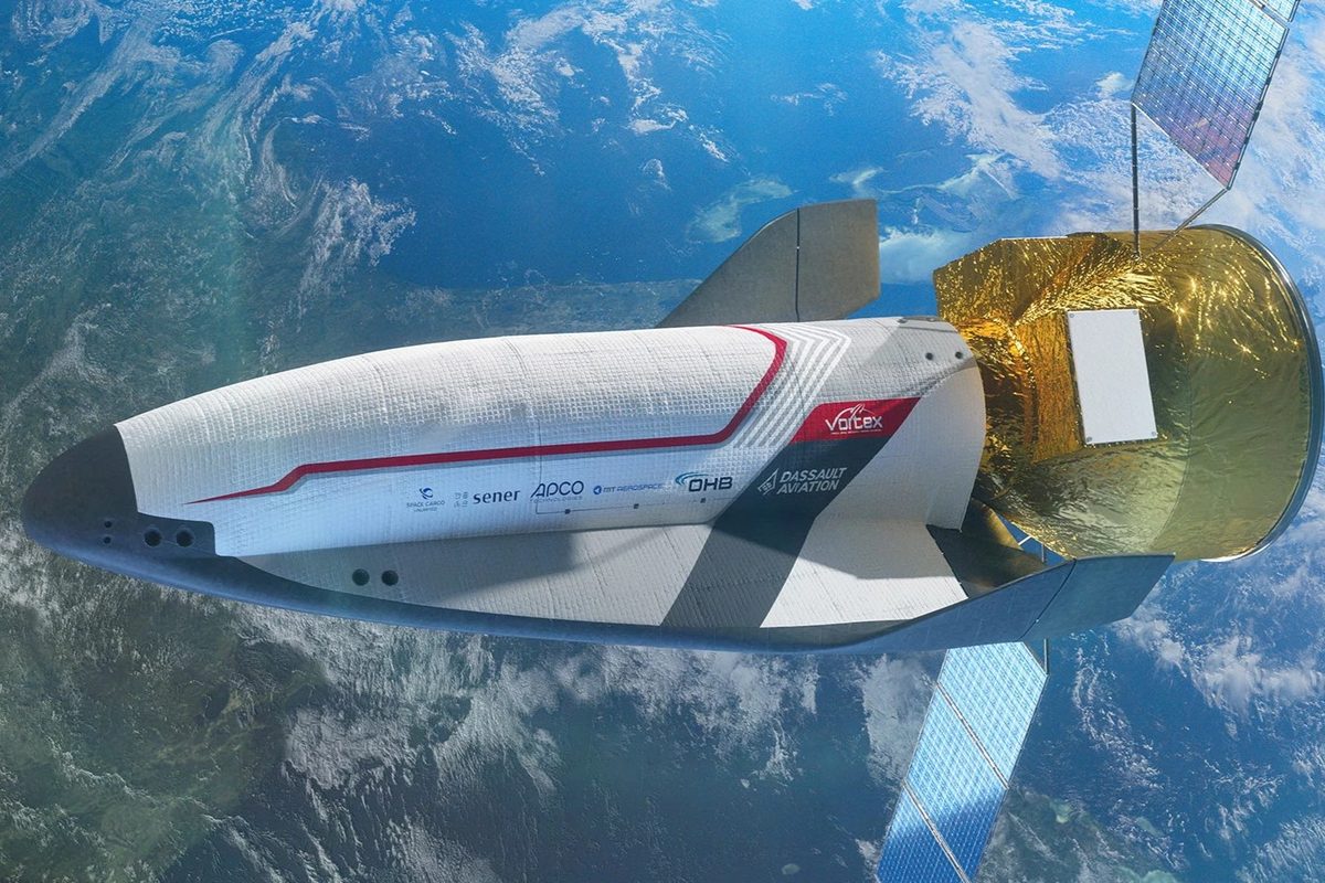 Dassault VORTEX spaceplane White space capsule with red stripe and gold engine section viewed in orbit above Earth with solar panels extended