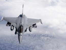 French Air Force Dassault Rafale fighter jet in flight equipped with AASM Mica IR missiles and a Damocles pod during Operation Harmattan