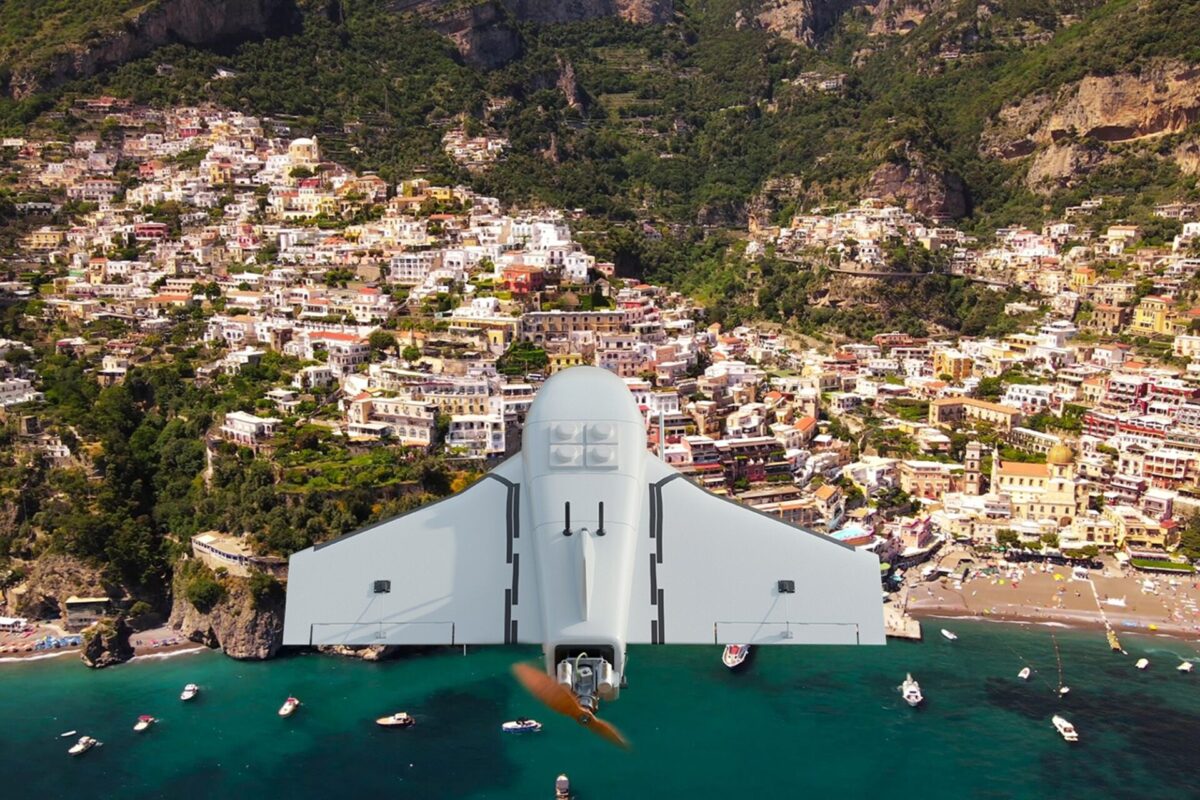 Illustration of a Gerbera type drone approaching the Italian coast Illustration of a Gerbera type drone approaching the Italian coast