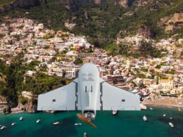 Illustration of a Gerbera type drone approaching the Italian coast