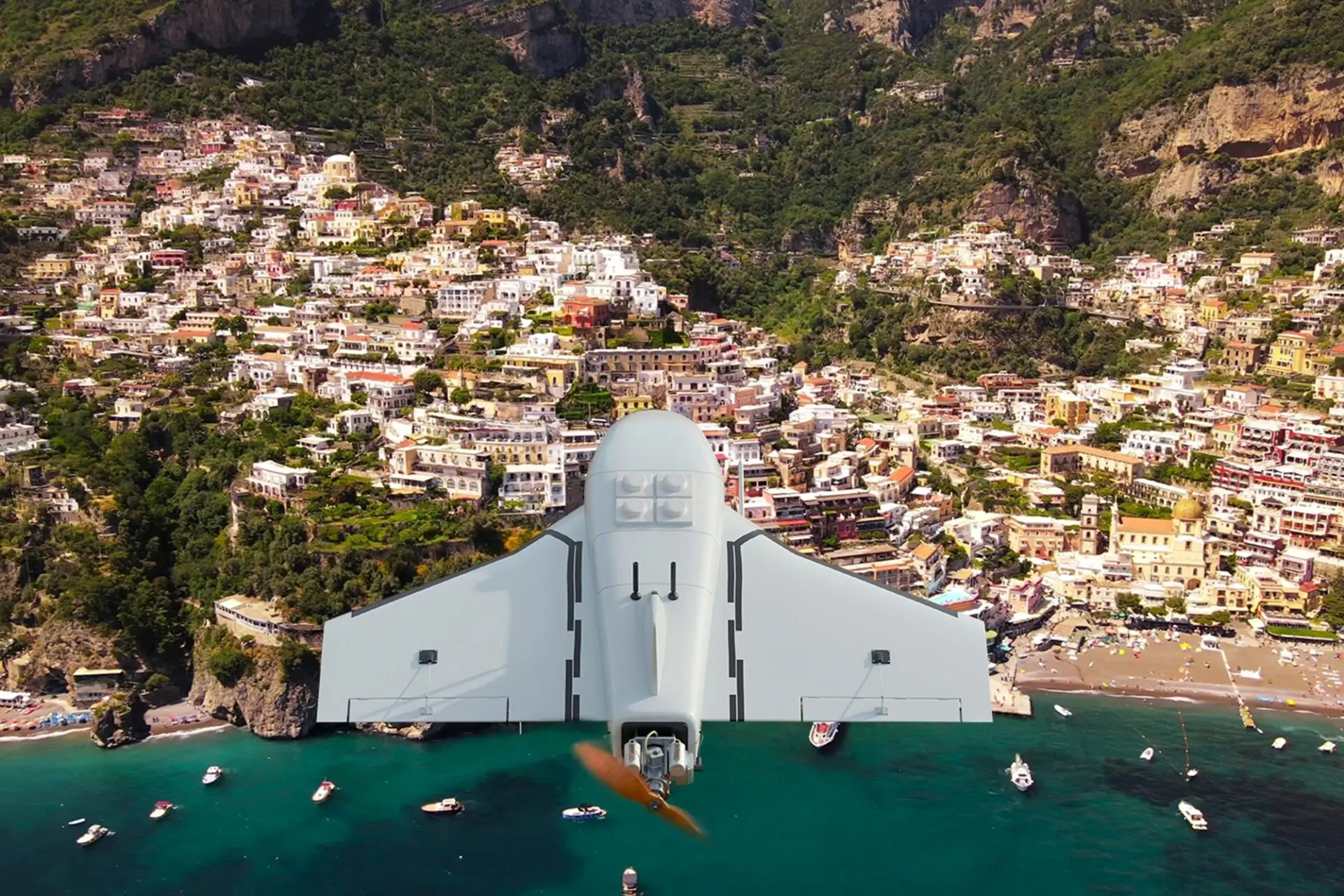 Illustration of a Gerbera type drone approaching the Italian coast
