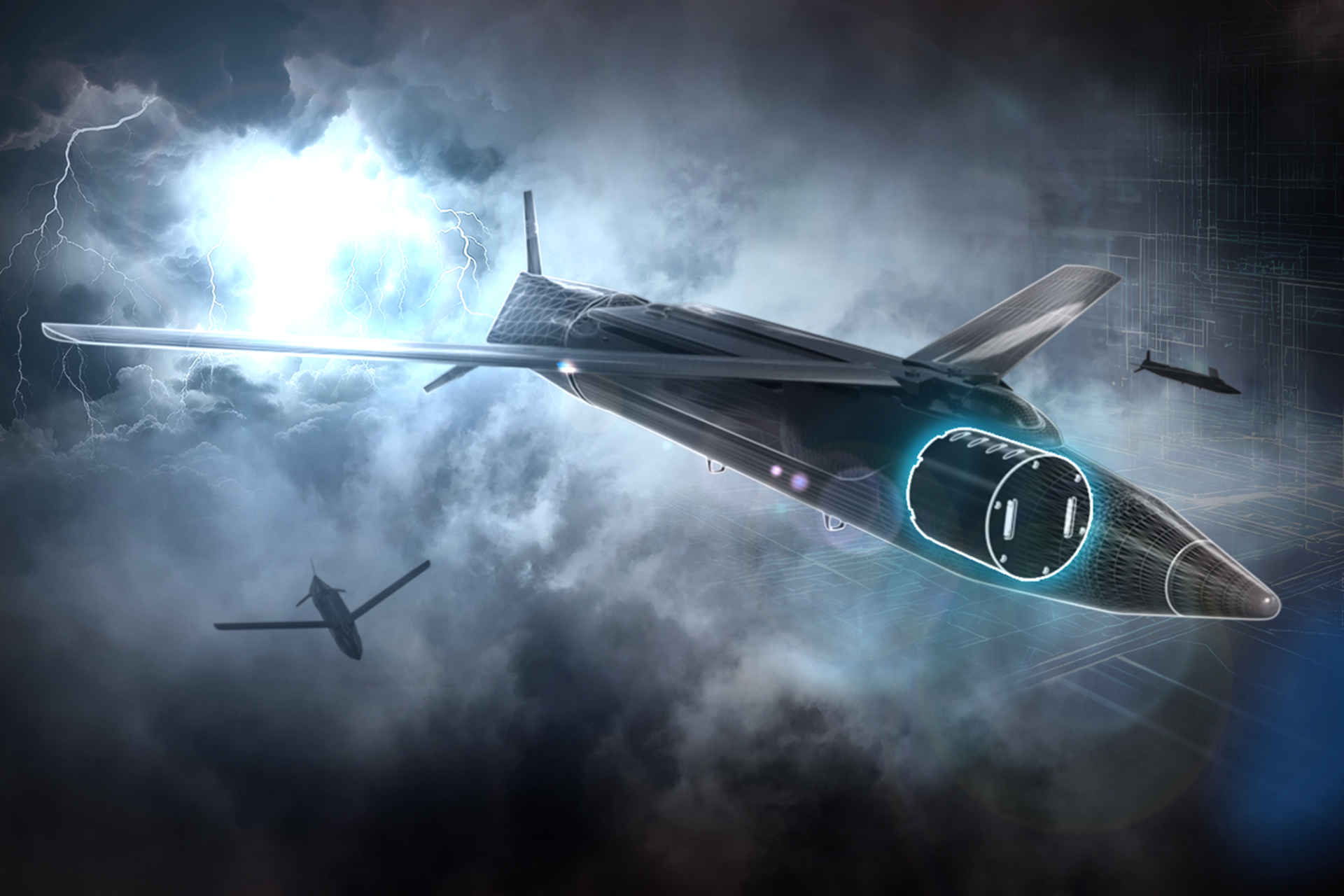Impression of a drone equipped with a BAE Systems Shadow EW electronic warfare payload