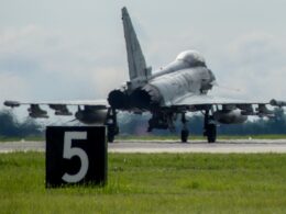 Italian Air Force Eurofighter Typhoon takes off from Šiauliai Air Base during a NATO Baltic Air Policing