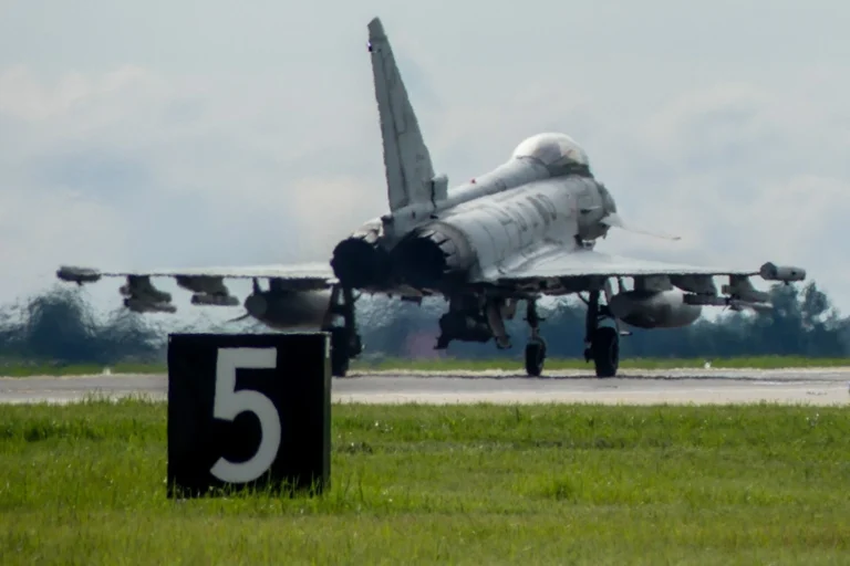 Italian Air Force Eurofighter Typhoon takes off from Šiauliai Air Base during a NATO Baltic Air Policing