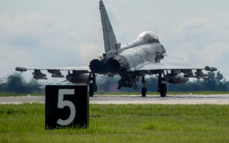 Italian Air Force Eurofighter Typhoon takes off from Šiauliai Air Base during a NATO Baltic Air Policing Italian Air Force Eurofighter Typhoon takes off from Šiauliai Air Base during a NATO Baltic Air Policing