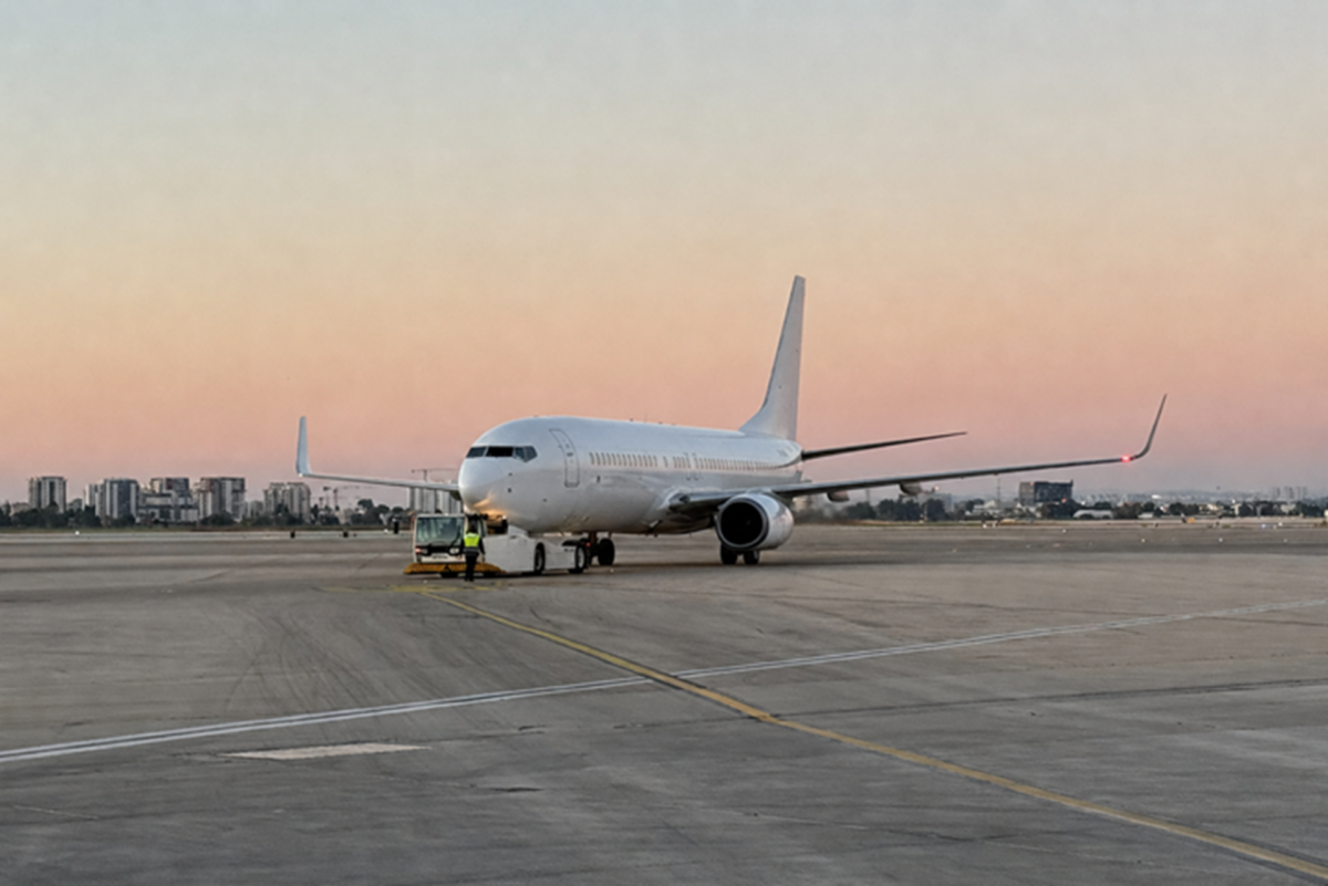 White commercial airliner on a taxiway at sunset ground crew standing near a service vehicle beside the nose gear