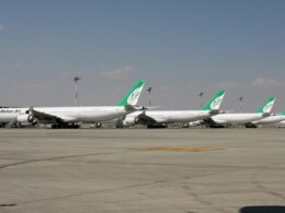 Line up of Mahan Air Airbus A340s
