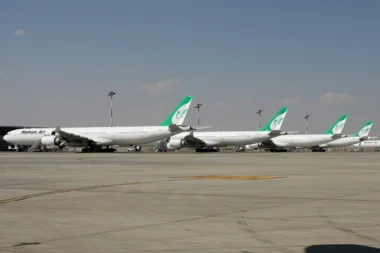 Line up of Mahan Air Airbus A340s