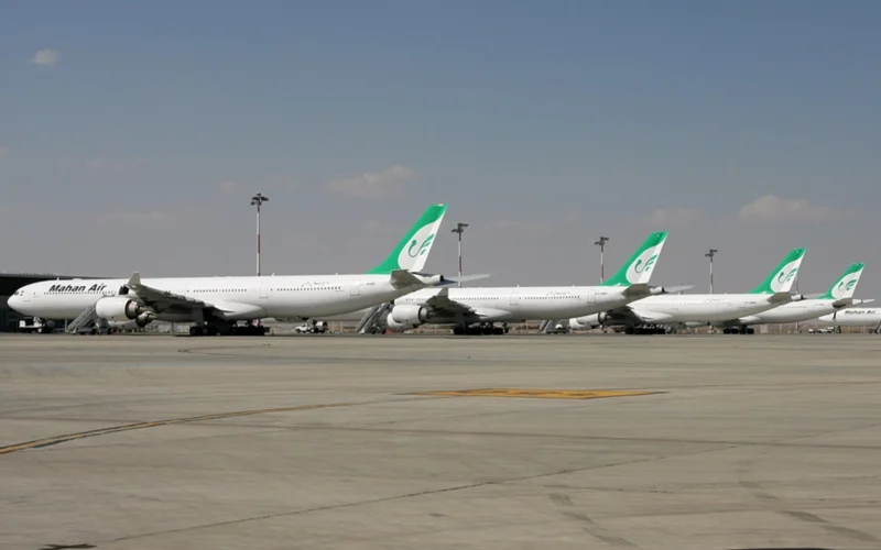 Line up of Mahan Air Airbus A340s