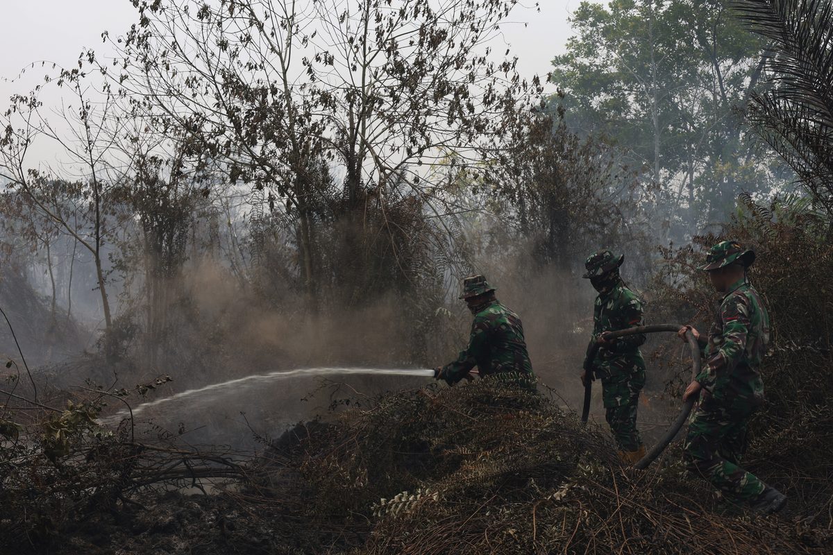 Personel Yonif TP 882Hulubalang melakukan pembasahan untuk mencegah api kembali menyala di lokasi kebakaran lahan gambut di Desa Arang Limbung Kecamatan Sungai Raya Kabupaten Kubu Raya Kalimantan Barat Minggu 2382026 Soldiers in camouflage spraying water on a smoky forest fire with charred trees and burnt brush nearby