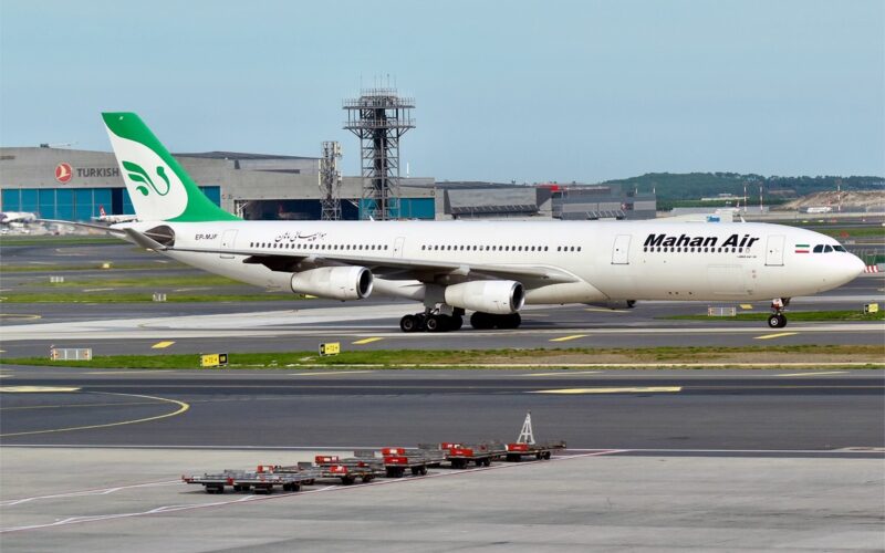 Recently Saved 1 of 1 14 Mahan Air Airbus A340 taxiing on a runway at the airport with the green tailed logo visible on the fuselage