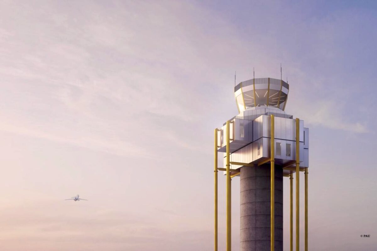 Air traffic control tower with bright yellow columns supporting a glass walled top a distant airplane in a pink blue sky