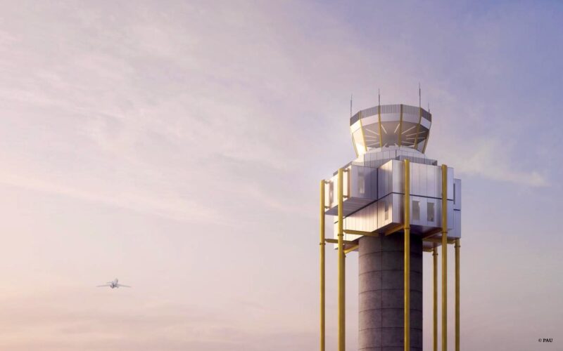 Recently Saved 1 of 1 22 Air traffic control tower with bright yellow columns supporting a glass walled top a distant airplane in a pink blue sky