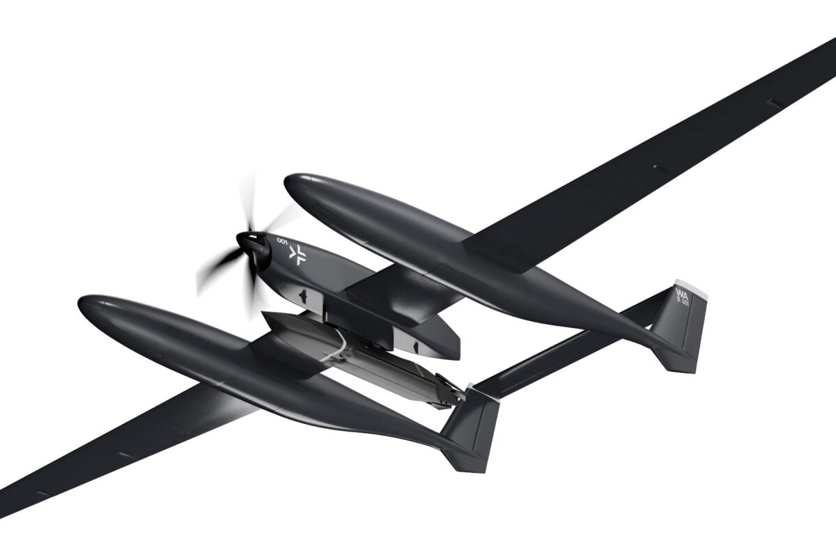 Recently Saved 1 of 1 Twin fuselage unmanned aerial vehicle drone with a long wing and vertical tail shown in flight against a white background from a top right perspective