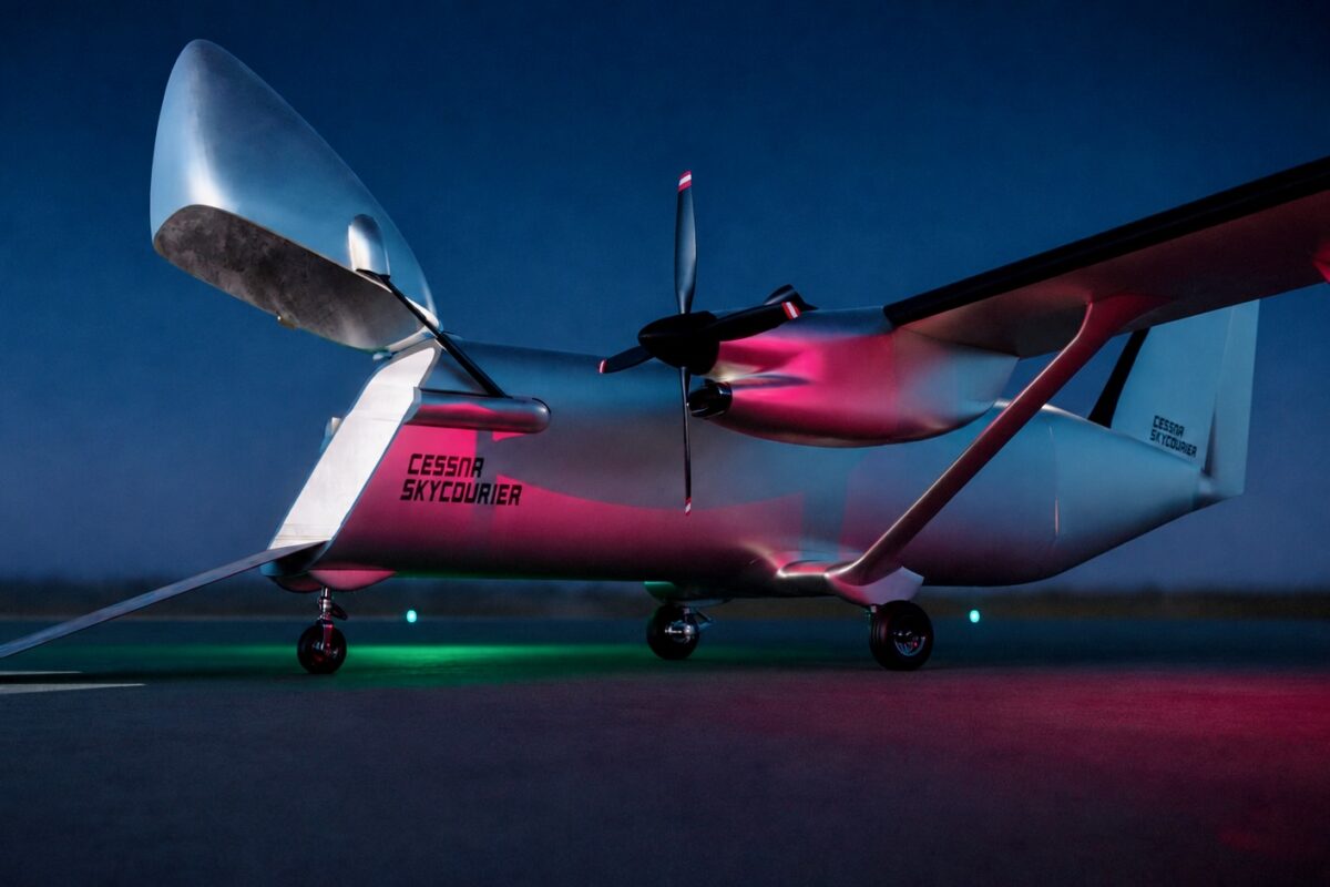 Recently Saved 1 of 1 7 Cessna SkyCourier cargo plane on a dark runway silver fuselage illuminated by pink and green night lights