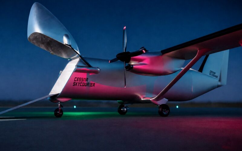 Recently Saved 1 of 1 7 Cessna SkyCourier cargo plane on a dark runway silver fuselage illuminated by pink and green night lights