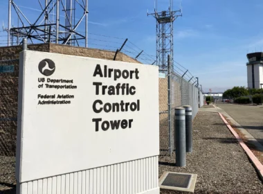 The FAA-managed air traffic control tower at San Jose International Airport, California