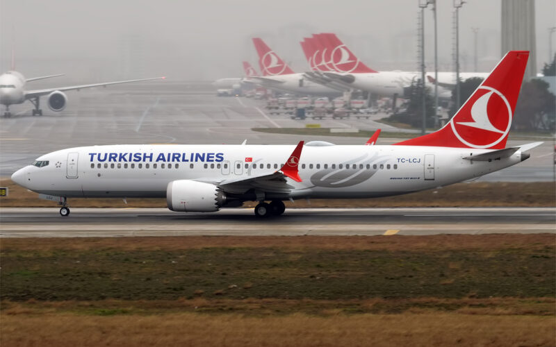 Turkish Airlines TC LCJ Boeing 737 8 MAX 47585341702 Turkish Airlines Boeing 737 Max taxiing on the runway fuselage marked TURKISH AIRLINES with a red tail logo in the background