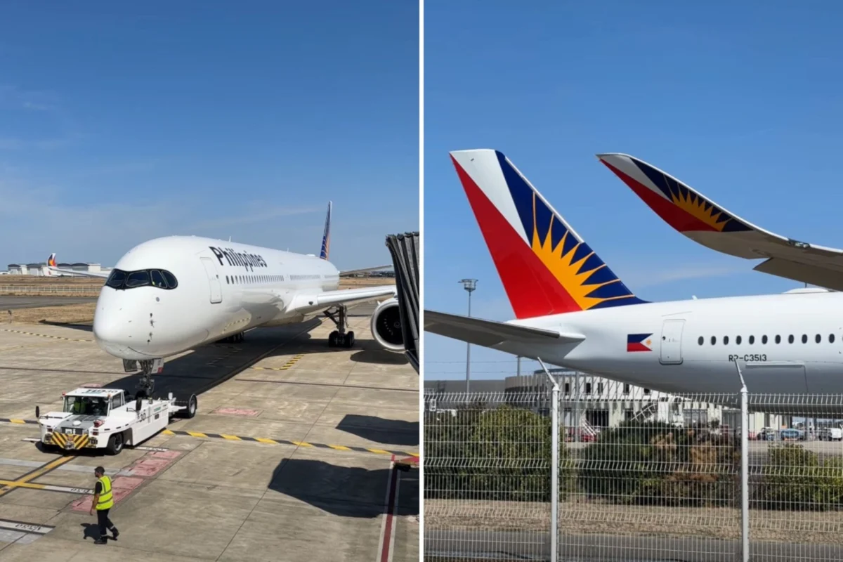 Side by side airport photo left shows a white Philippine Airlines aircraft at a gate with ground crew right shows two plane tails with colorful sunburst livery