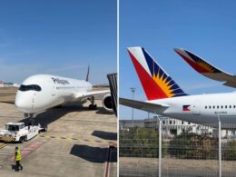 Side by side airport photo left shows a white Philippine Airlines aircraft at a gate with ground crew right shows two plane tails with colorful sunburst livery