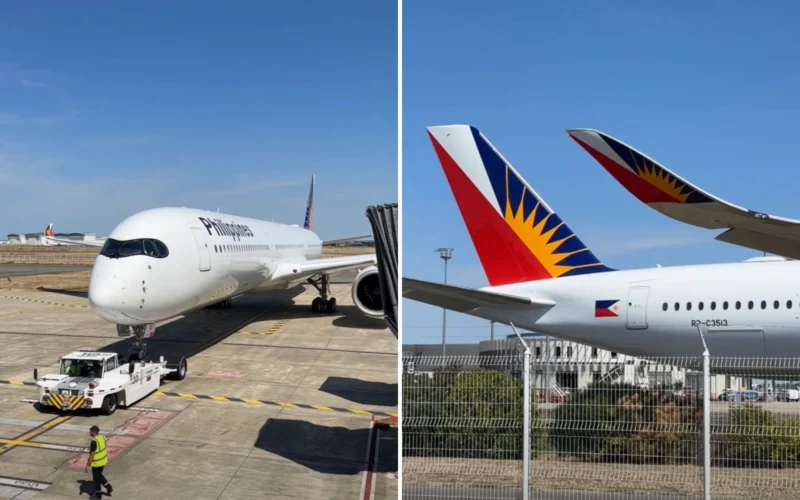 Side by side airport photo left shows a white Philippine Airlines aircraft at a gate with ground crew right shows two plane tails with colorful sunburst livery