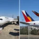 Side by side airport photo left shows a white Philippine Airlines aircraft at a gate with ground crew right shows two plane tails with colorful sunburst livery