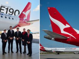 Group of pilots and crew posing in front of a white Embraer E190 with a red tail at the airport left panel Right panel shows a red Qantas tail with white kangaroo against a blue sky plus a QantasLink fuselage on the ground