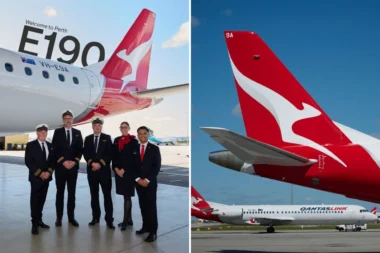 Group of pilots and crew posing in front of a white Embraer E190 with a red tail at the airport left panel Right panel shows a red Qantas tail with white kangaroo against a blue sky plus a QantasLink fuselage on the ground