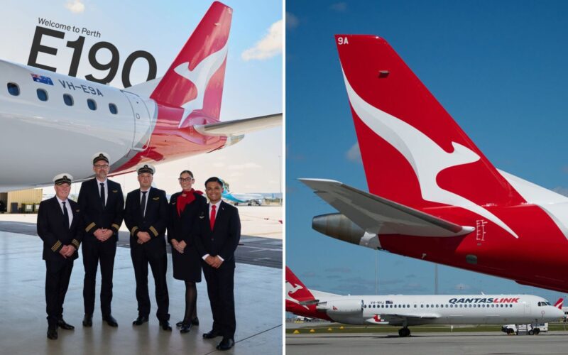 QantasLinks first Embraer E190 touches down in Perth Group of pilots and crew posing in front of a white Embraer E190 with a red tail at the airport left panel Right panel shows a red Qantas tail with white kangaroo against a blue sky plus a QantasLink fuselage on the ground