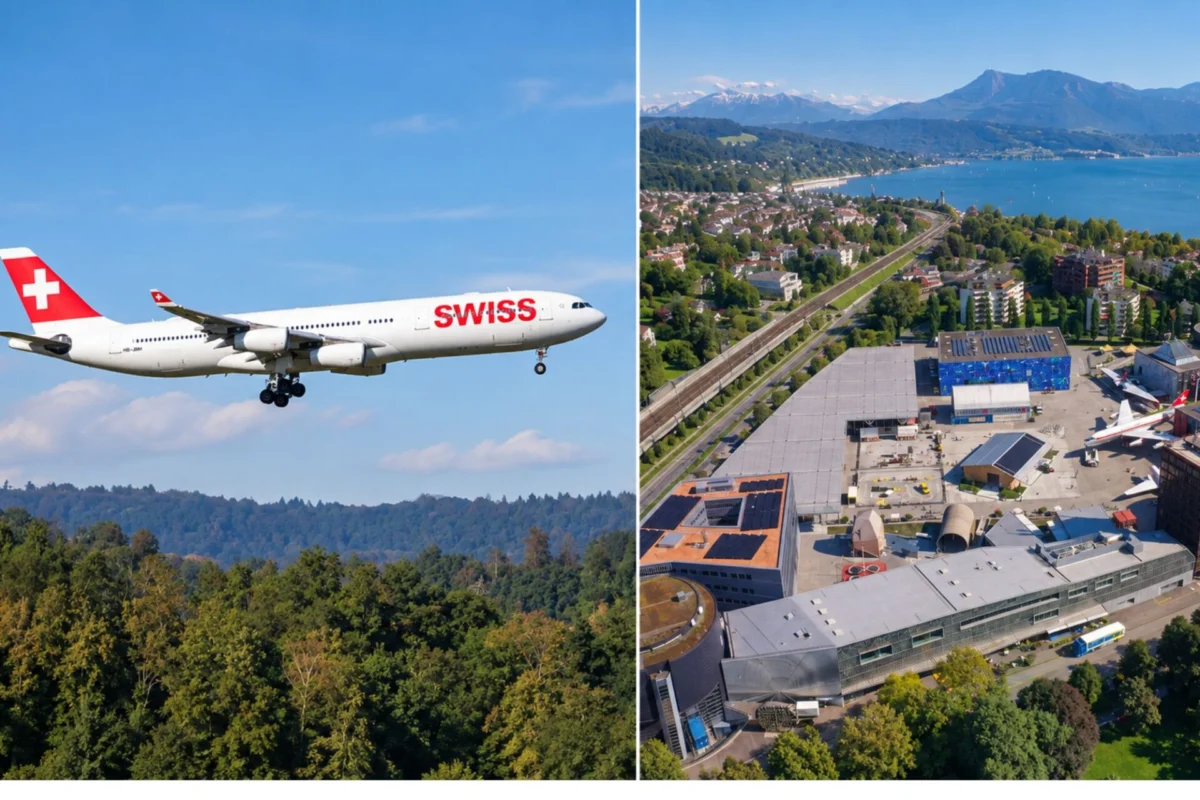 SWISS plans to donate last A340 300 to transport museum Split image left a SWISS airplane in flight above a forest right an aerial cityscape with airport road lake and mountains a distance away