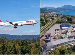 Split image left a SWISS airplane in flight above a forest right an aerial cityscape with airport road lake and mountains a distance away