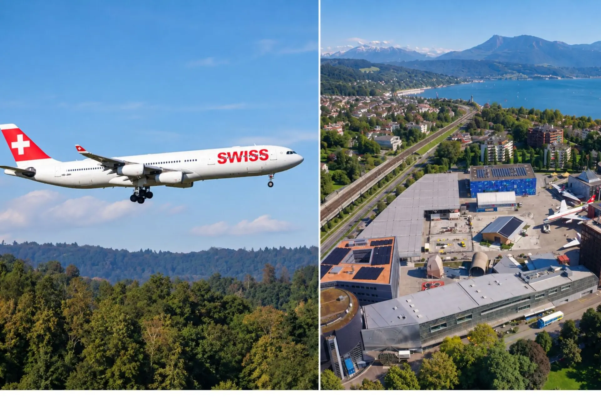 Split image left a SWISS airplane in flight above a forest right an aerial cityscape with airport road lake and mountains a distance away