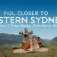 Promotional Fiji banner showing dancers in traditional dress in a field with bold white text FIJI CLOSER TO WESTERN SYDNEY and Fly Direct 3 Times Weekly From March 2027 and a plane in the sky