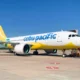 Cebu Pacific passenger jet on the tarmac beside a jet bridge under a clear blue sky