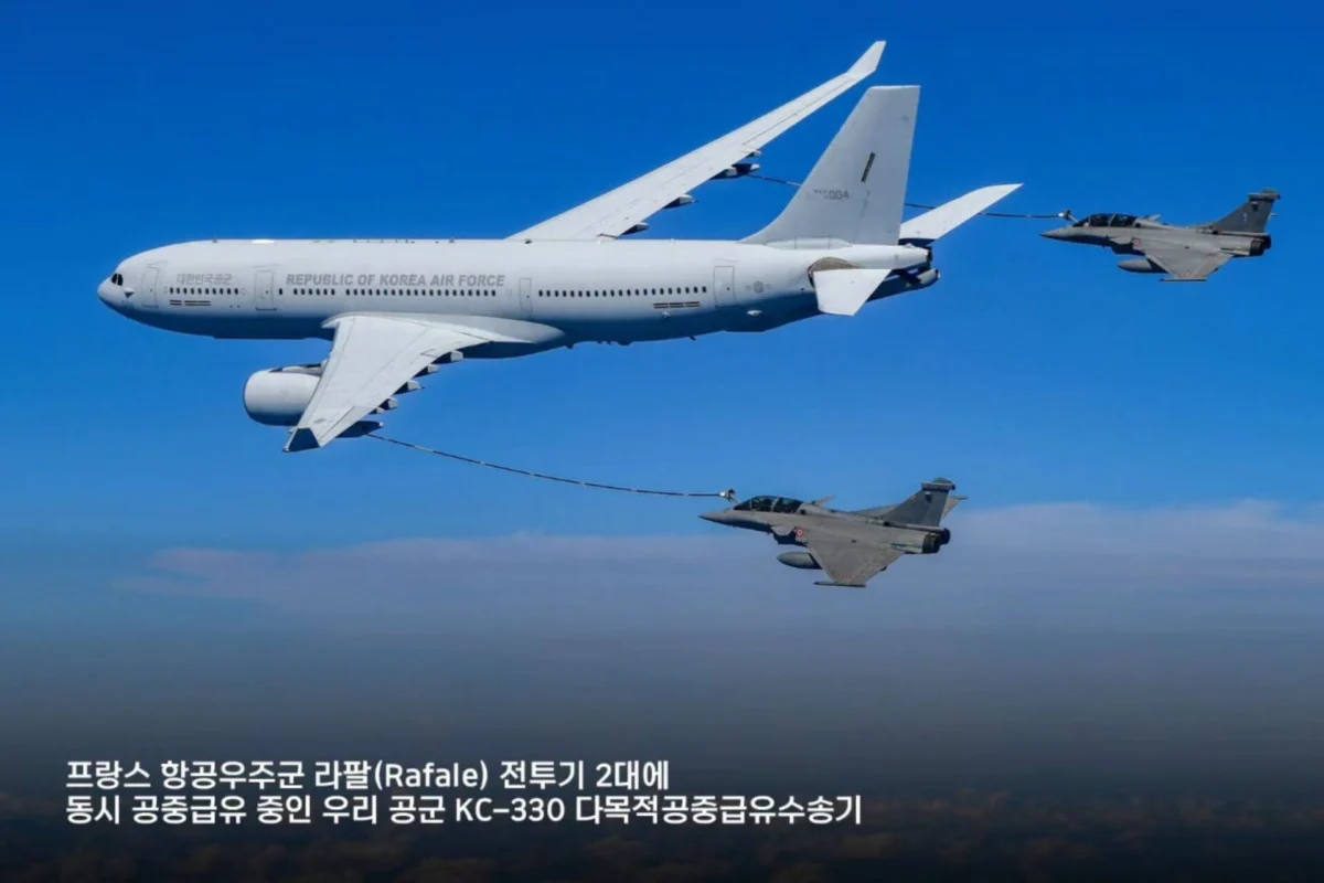South Koreas F 35As and French Rafales hold joint drills Republic of Korea Air Force KC 330 air to air tanker refueling two Rafale fighters in formation over a blue sky