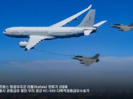 Republic of Korea Air Force KC 330 air to air tanker refueling two Rafale fighters in formation over a blue sky