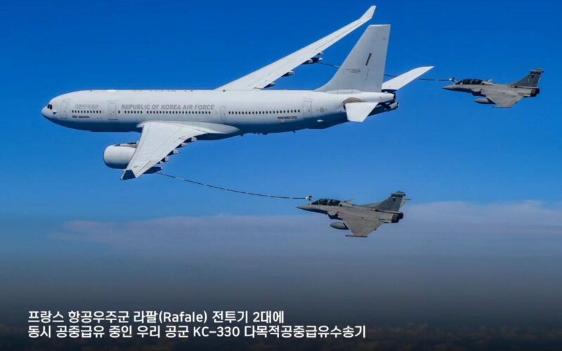 South Koreas F 35As and French Rafales hold joint drills Republic of Korea Air Force KC 330 air to air tanker refueling two Rafale fighters in formation over a blue sky
