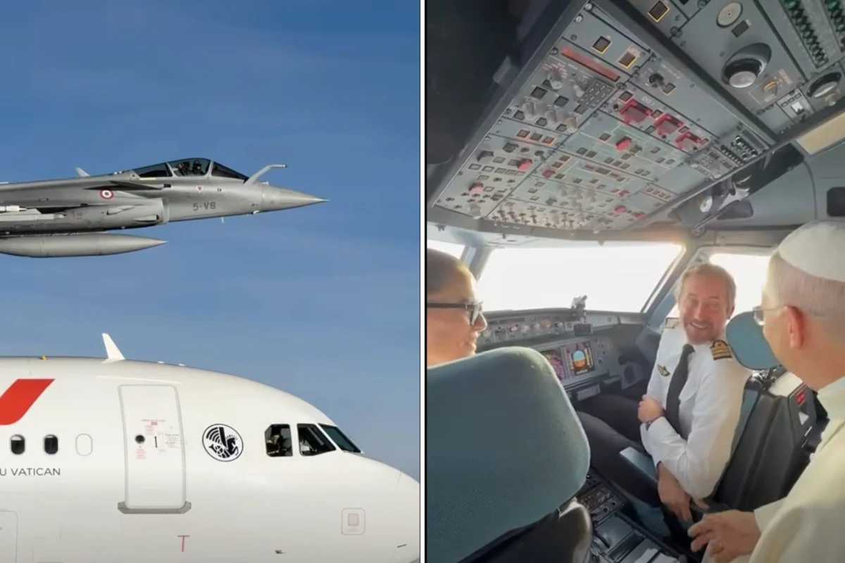 Split screen image left panel shows a gray military jet in flight with Vatican insignia right panel shows three pilots smiling inside a cockpit filled with controls