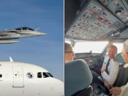 Split screen image left panel shows a gray military jet in flight with Vatican insignia right panel shows three pilots smiling inside a cockpit filled with controls